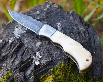 Handmade Damascus Folding Knife - Bone Handle, Razor Sharp EDC Pocket Knife, Premium Hunting, Survival, Outdoor and Collectible Blade